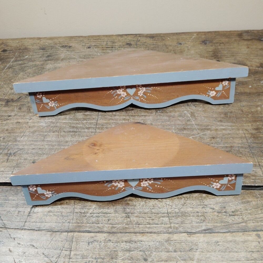 Two Corner Shelves Shelf Painted Heart Folk Art Wood Cottage Core Grandma Decor